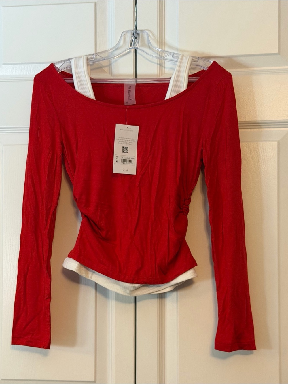 Altar'd State Red Off-Shoulder Long Sleeve Top with White Trim